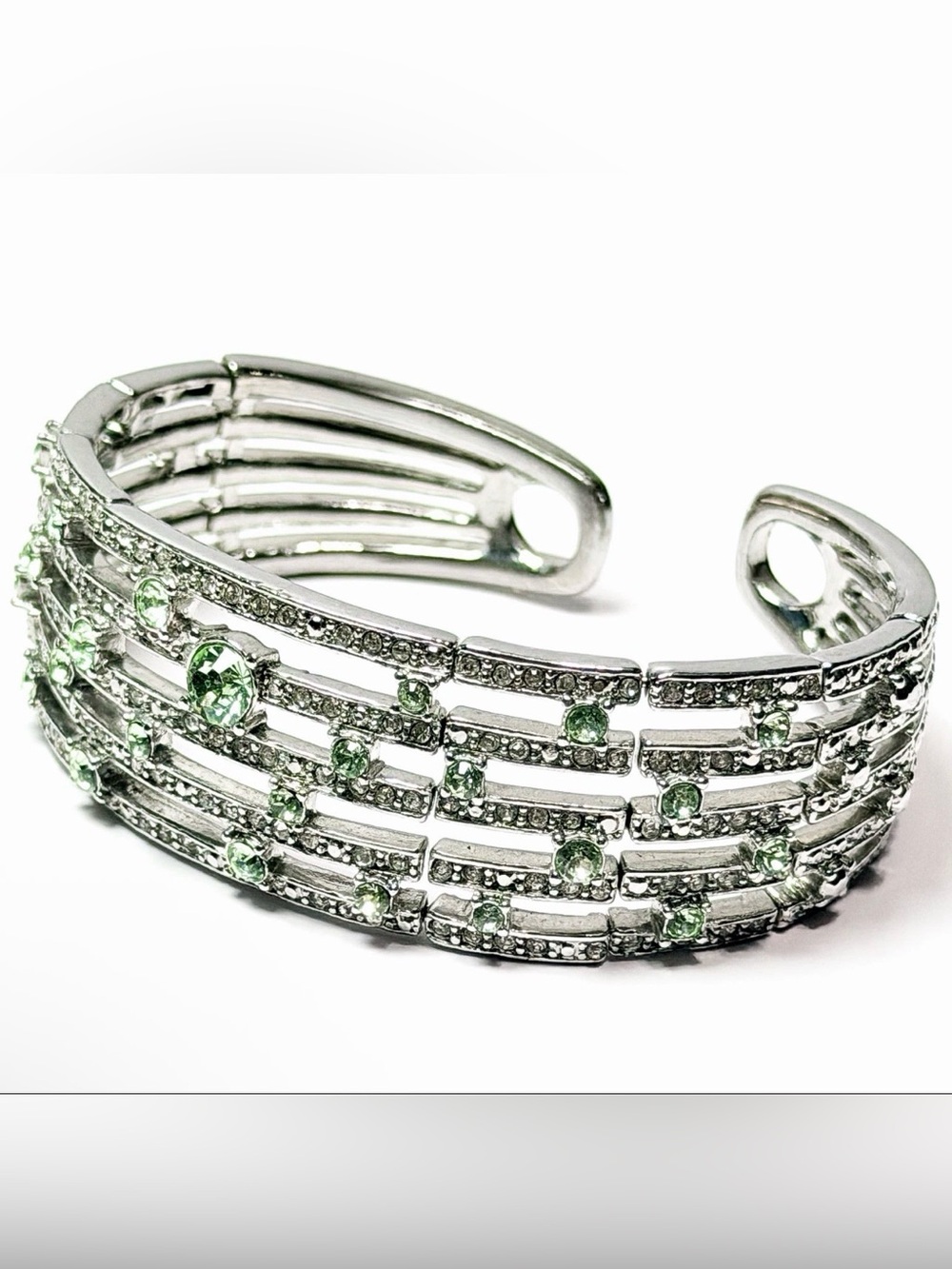 Monet Silver Tone Green Rhinestone Bracelet Wide Cuff Pave❗️1 Stone Missing - Picture 2 of 7